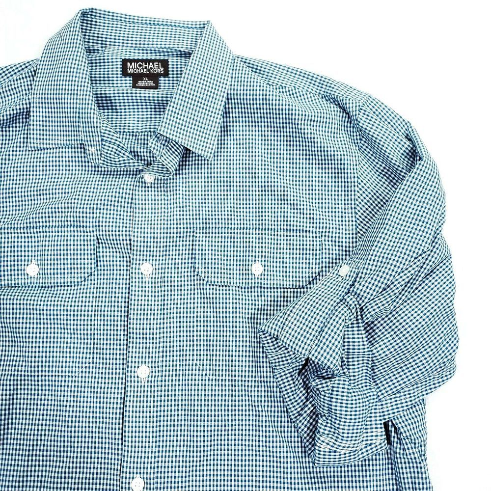 Michael Kors Mens XL Green Check Roll-Up Sleeve